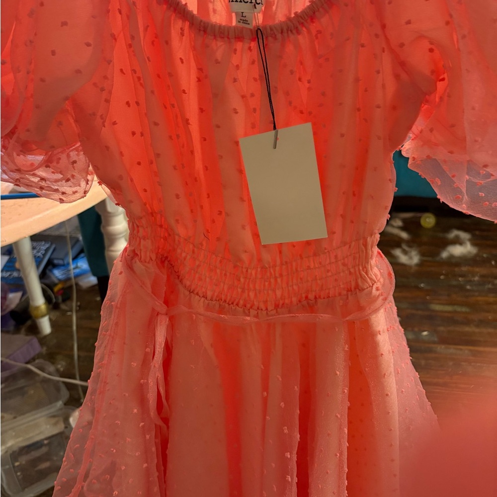Light Pink Puffy Sleeve Polka Dot Midi Dress - Picture 3 of 6